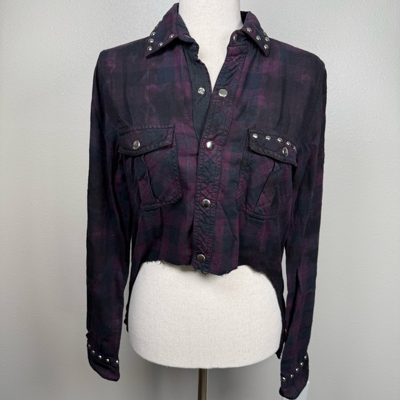 RILEY 1880‎ Crop Plaid Flannel Snap Up Shirt XS/S Bling Purple Western Grunge - Picture 7 of 17